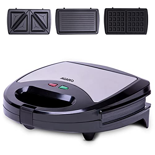 AGARO Regal 750 Watts 3-In-1 Sandwich Maker, Easy Detachable Non-Stick Plates For Sandwich, Grill & Waffle, 2 Slice, Steel