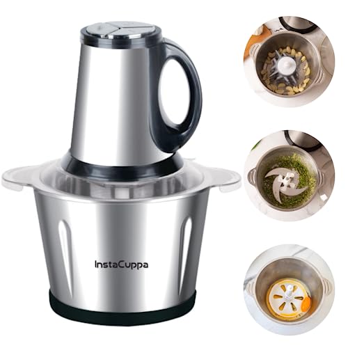 InstaCuppa Premium Electric Chopper with Garlic Peeler, Stainless Steel Chopping Blades & Egg Beater Attachments, 3 Adjustable Speed Settings, Easy To Grip Handle, Unbreakable Bowl, 2000 ML, 300 Watts
