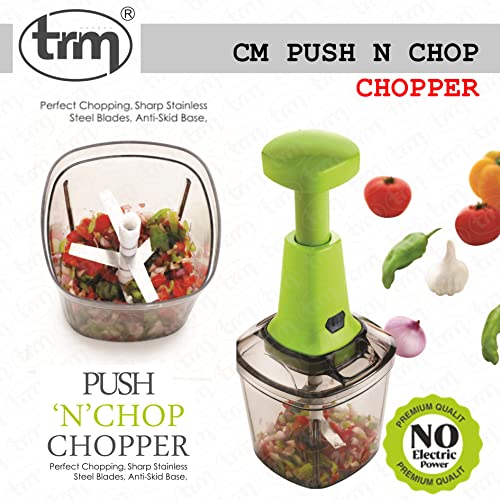 TRM 1000 ML Push N Chop Chopper, Kitchen Appliance with 6 Stainless Steel Blades Anti Skid Base Plastic Container & Manual Hand Press for Chopping Fruits Vegetables Onions Tomatoes & Spices (Green)