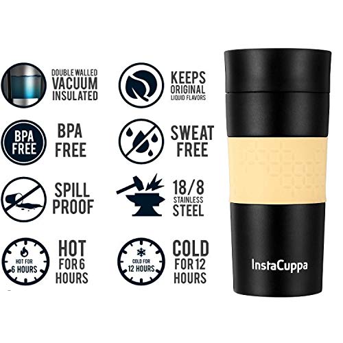 InstaCuppa Vacuum Insulated Travel Mug, Stainless Steel Double Walled Thermos for Hot or Cold Coffee, (470 ML, Black)