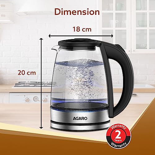 Agaro Imperial Glass Electric Kettle,1.8L Capacity, 1500 Watts, Borosilicate Glass Body, Dry Boiling Protection, 360° Rotating Base, Silver