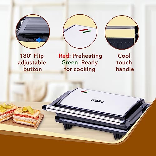 AGARO Deluxe 750 Watts Sandwich/Panini Maker With Non-Stick Grill Plates, 180° Flat Openable Plates