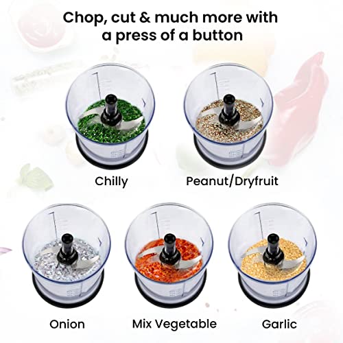 AGARO Electric Chopper, 400 Watts, Vegetable Chopper, Cutter, 100% Pure Copper Motor, Chop, Mince, Puree, Dice, Twin Stainless Steel Blade, 500 Ml, One Touch Operation, Elegant, Black