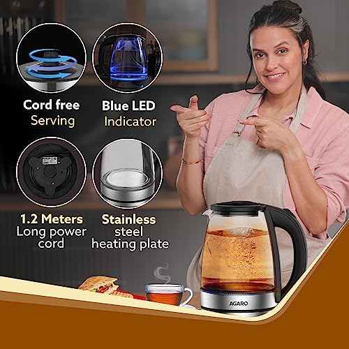 Agaro Imperial Glass Electric Kettle,1.8L Capacity, 1500 Watts, Borosilicate Glass Body, Dry Boiling Protection, 360° Rotating Base, Silver