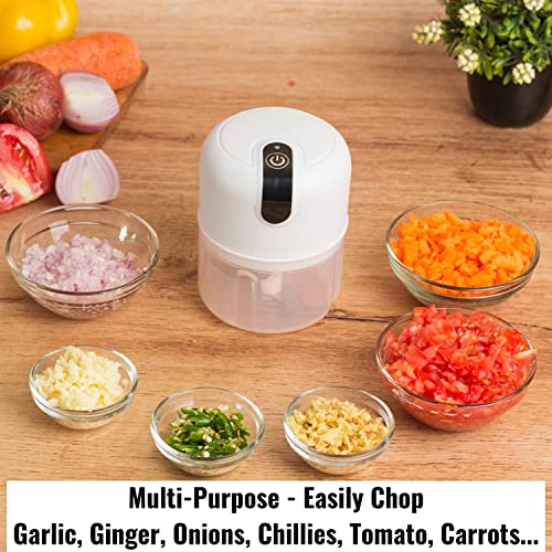 InstaCuppa Rechargeable Mini Electric Chopper - Stainless Steel Blades, One Touch Operation, for Mincing Garlic, Ginger, Onion, Vegetable, Meat, Nuts, (White, 250 ML, Pack of 1, 45 Watts)