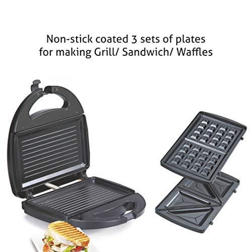 Glen Electric Sandwich Maker, Griller and Waffle Maker with Non stick Coated Grill Plate, 800W (3027 DX)