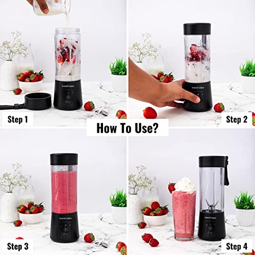 InstaCuppa Portable Blender for Smoothie, Milk Shakes, Crushing Ice & Juices, USB Rechargeable Blender Machine for Kitchen with 2000 mAh Battery, 150 Watts Motor, 400 ML, built-in Jar, Black, Plastic