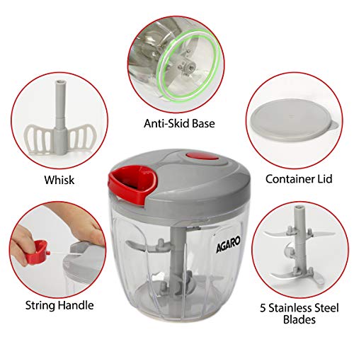 AGARO Plastic Hand Mini Chopper with 5 Blades, Grey