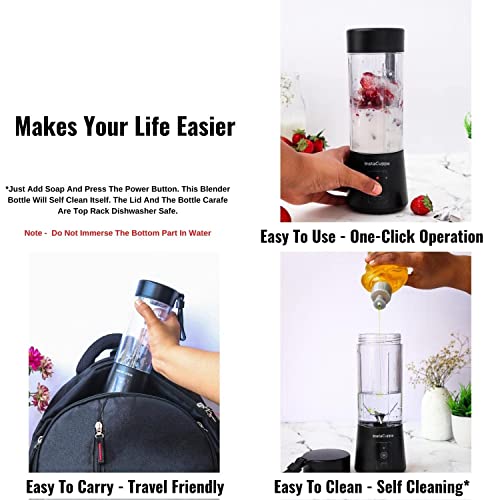 InstaCuppa Portable Blender for Smoothie, Milk Shakes, Crushing Ice & Juices, USB Rechargeable Blender Machine for Kitchen with 2000 mAh Battery, 150 Watts Motor, 400 ML, built-in Jar, Black, Plastic