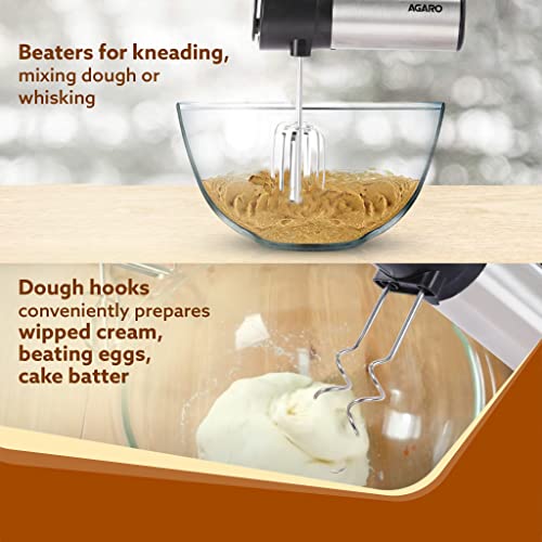 AGARO Elegant Hand Mixer, 300 Watts, Stainless Steel, 6 Interchangeable Speed Settings, Turbo Function, Interchangeable Beaters and Dough Hook Accessories for Mixing, Whisking, Beating, Kneading