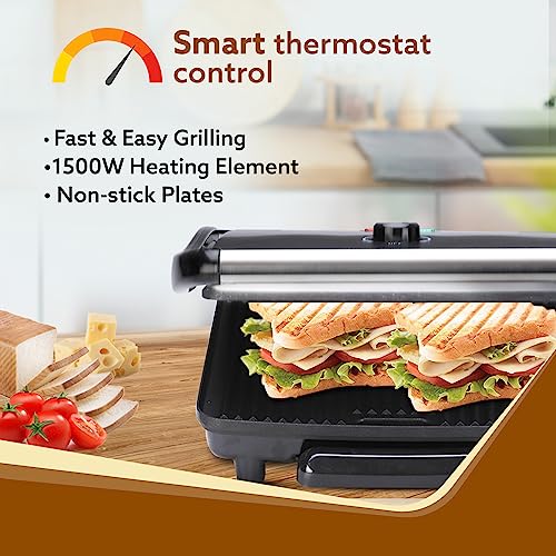 AGARO Elegant 1500-Watt Sandwich Maker with Non-Stick Grill Plates (Black)