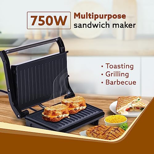 AGARO Deluxe 750 Watts Sandwich/Panini Maker With Non-Stick Grill Plates, 180° Flat Openable Plates