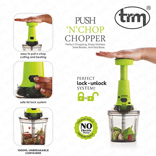 TRM 1000 ML Push N Chop Chopper, Kitchen Appliance with 6 Stainless Steel Blades Anti Skid Base Plastic Container & Manual Hand Press for Chopping Fruits Vegetables Onions Tomatoes & Spices (Green)