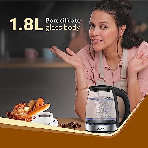 Agaro Imperial Glass Electric Kettle,1.8L Capacity, 1500 Watts, Borosilicate Glass Body, Dry Boiling Protection, 360° Rotating Base, Silver