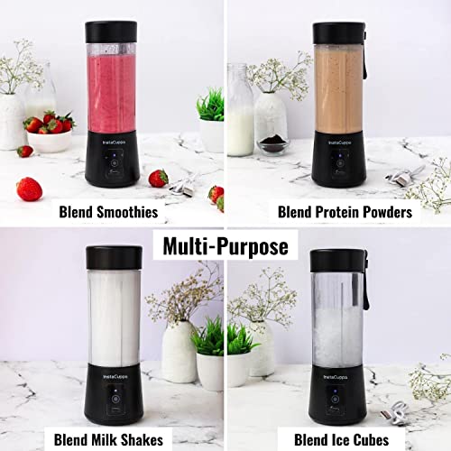 InstaCuppa Portable Blender for Smoothie, Milk Shakes, Crushing Ice & Juices, USB Rechargeable Blender Machine for Kitchen with 2000 mAh Battery, 150 Watts Motor, 400 ML, built-in Jar, Black, Plastic