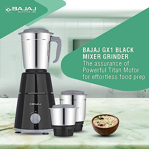 Bajaj Gx 1 Mixer Grinder,500W Titan Motor,3 Jars,2 In 1 Function Blade, Black