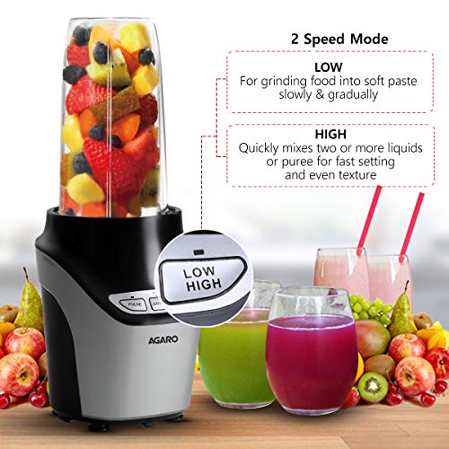 AGARO Marvel Nutri Blender,Bpa Free 2 Tritan Jars,1000W,100% Copper Motor,2 Speed Modes with Pulse,Detachable Base,Stainless Steel Blades,Blend,Mix,Grind,Smoothie,Juice Maker,Black,1000 Watt