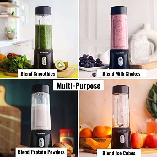 InstaCuppa Portable Blender for Smoothie, Milk Shakes, Crushing Ice and Juice, USB Rechargeable Battery with 4000 mAh 230 Watts Motor, 500 ML, built-in Jar, Black (Stainless Steel Blades)