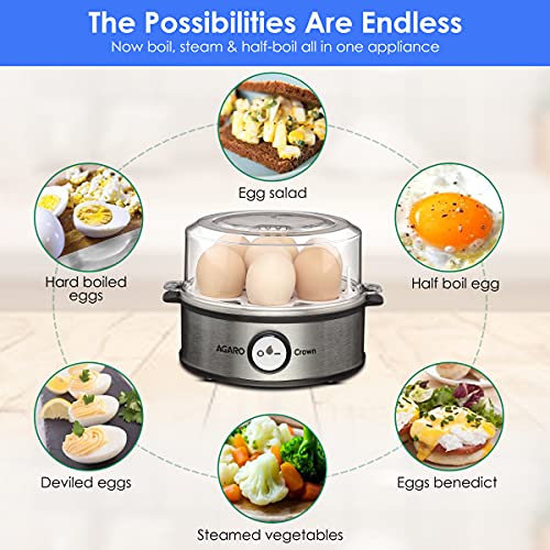 AGARO Crown Instant Egg Boiler 360 Watts, Boils Up to 7 Eggs with 3 Modes Heating/Stainless Steel Body (Silver)