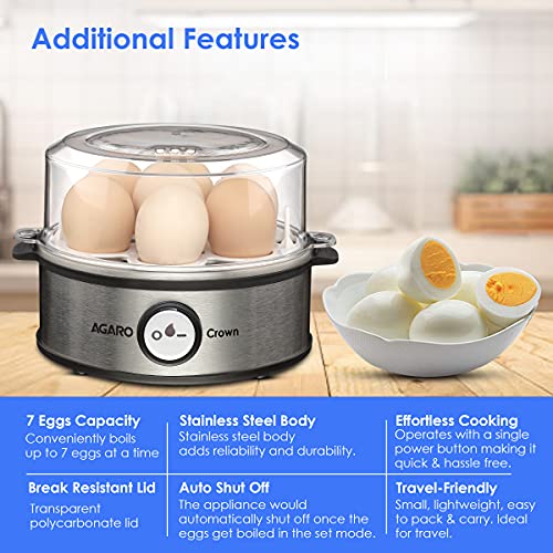 AGARO Crown Instant Egg Boiler 360 Watts, Boils Up to 7 Eggs with 3 Modes Heating/Stainless Steel Body (Silver)