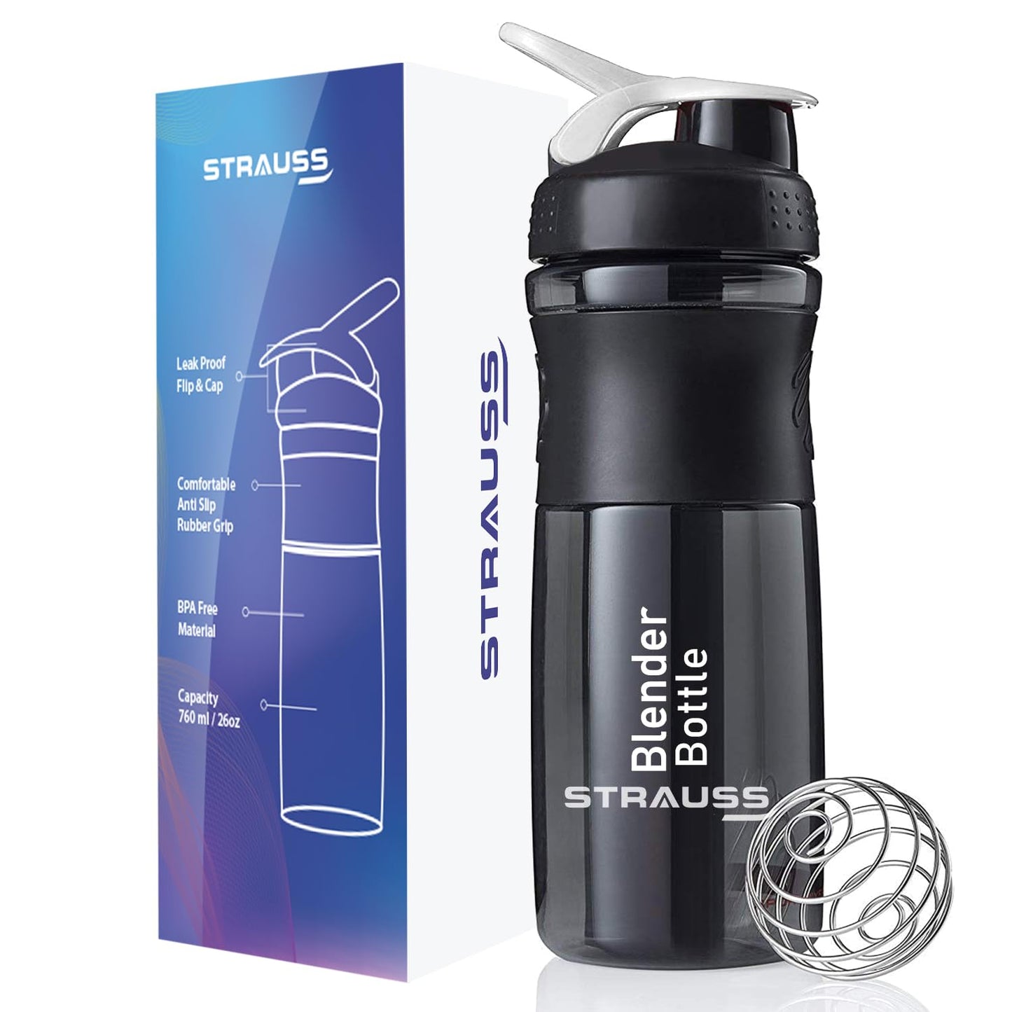 Strauss Blender Shaker Bottle 760ml, (Black)