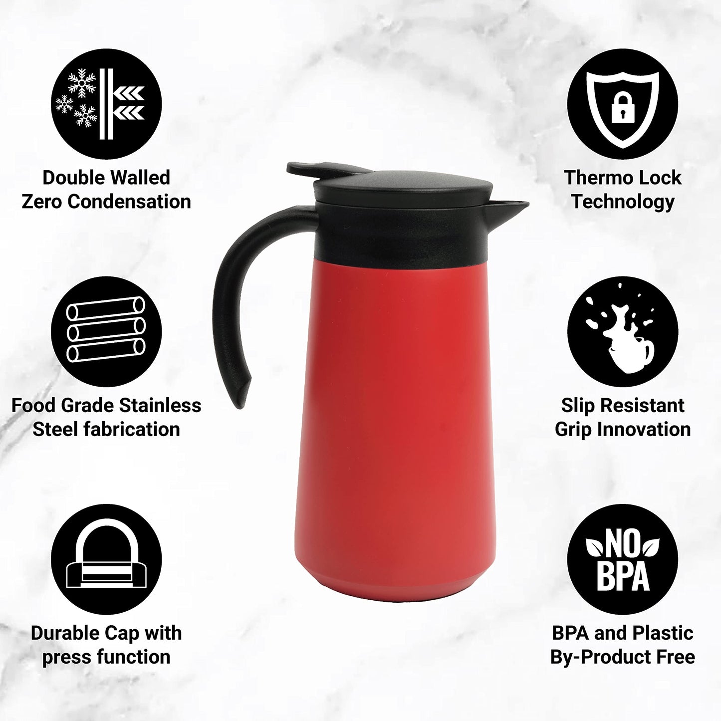 Femora Stainless Steel Vacuum Teapot Flask 750ML, Thermosteel Carafe, Hot and Cold Upto 20hrs, Dual Insulation with Cup Shape Lid, Leak and Rust Proof, (Red)