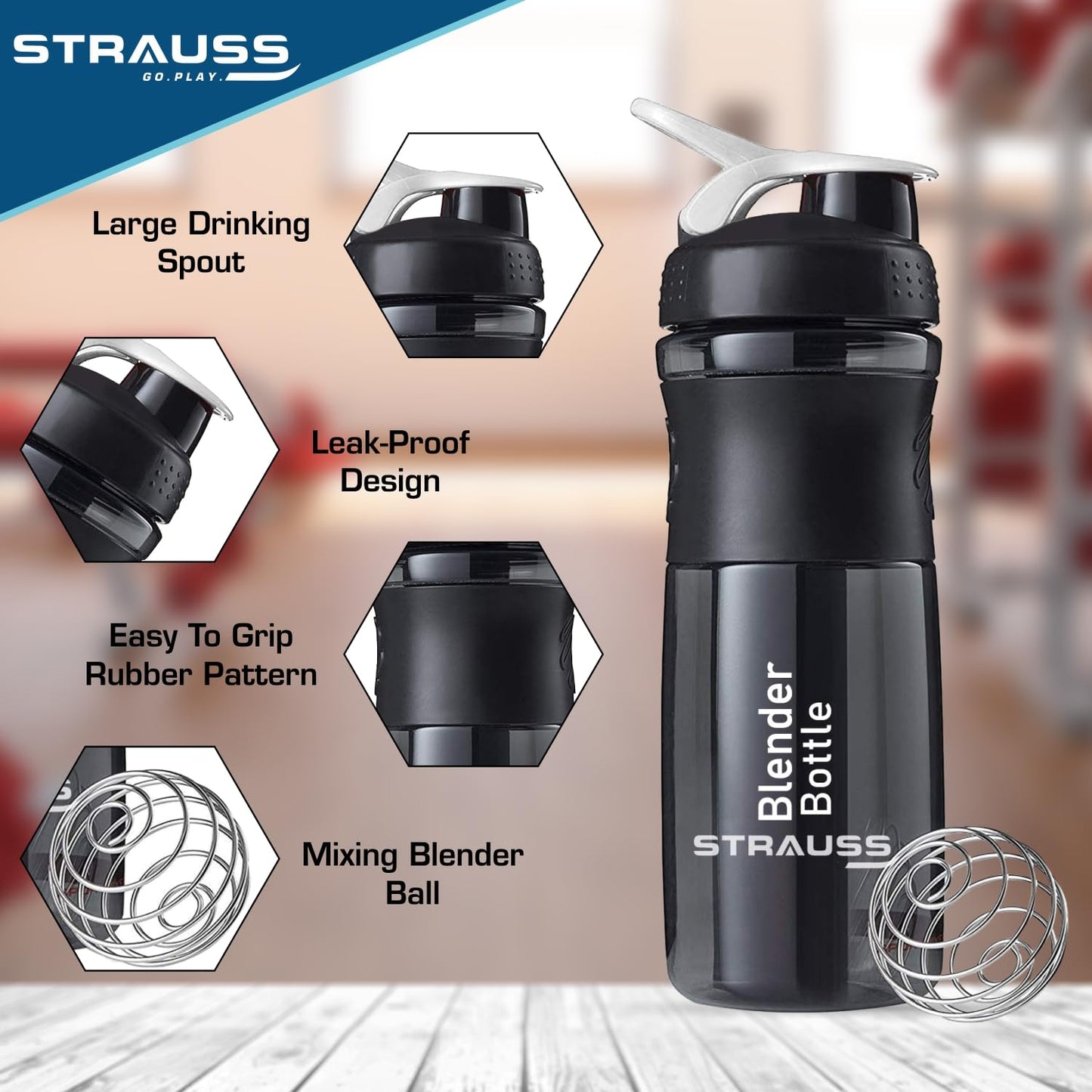 Strauss Blender Shaker Bottle 760ml, (Black)