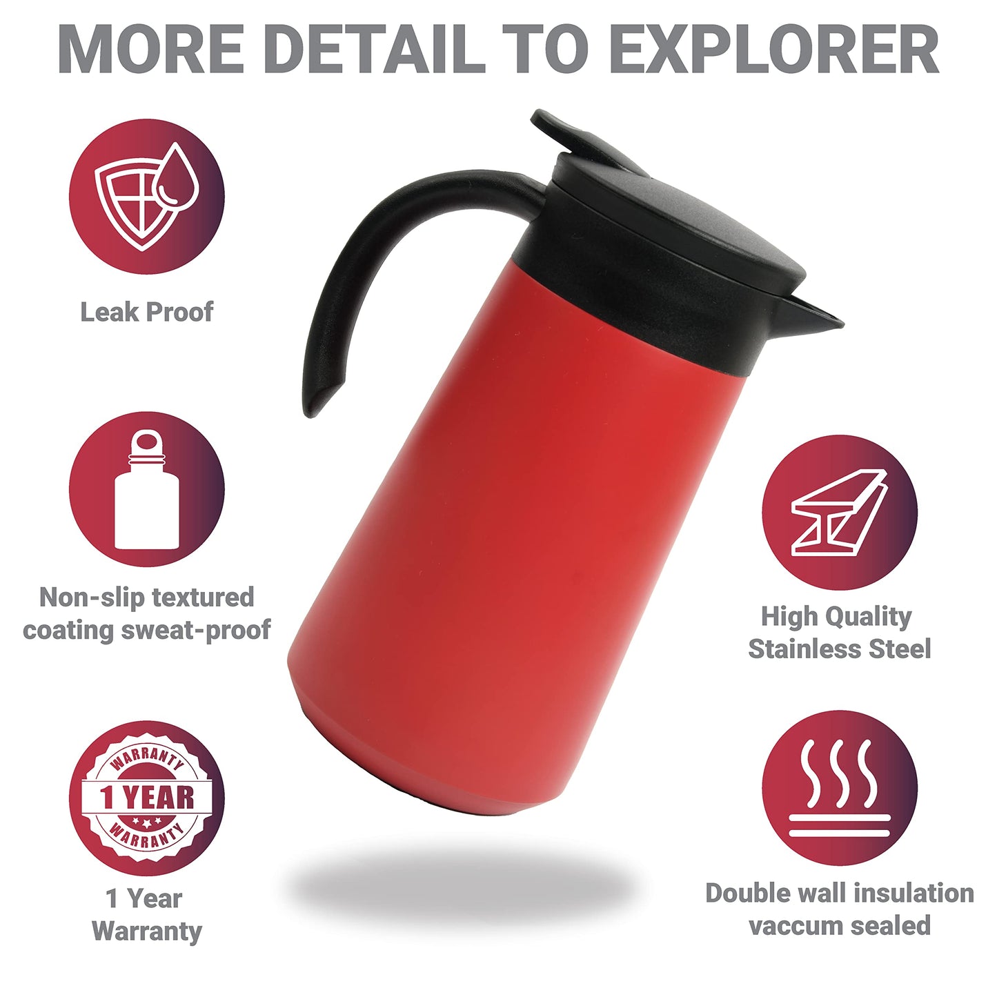 Femora Stainless Steel Vacuum Teapot Flask 750ML, Thermosteel Carafe, Hot and Cold Upto 20hrs, Dual Insulation with Cup Shape Lid, Leak and Rust Proof, (Red)