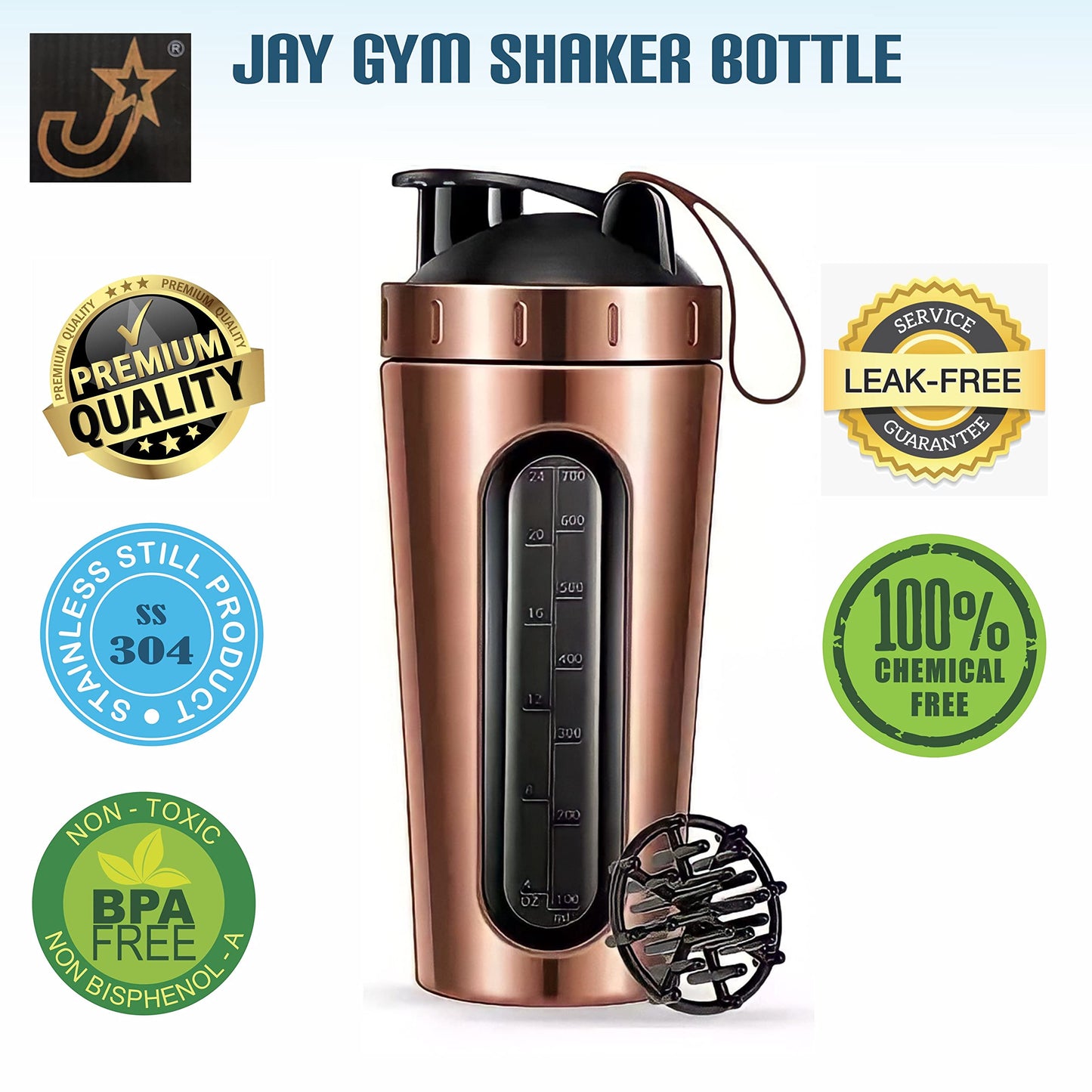 JAY Stainless Steel, Visible Window, Leak Proof, BPA-free Shaker Bottle (750 ml, Rose Gold)