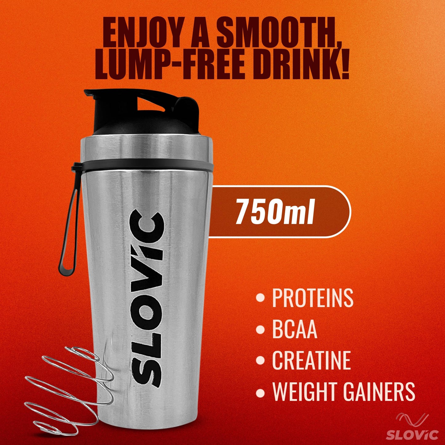 SLOVIC Steel Shaker for Protein Shake, Gym Bottles for Men, Odor free Protein Shaker Bottles for Protein Shake, Leakproof Stainless Steel Shaker Bottles for Gym